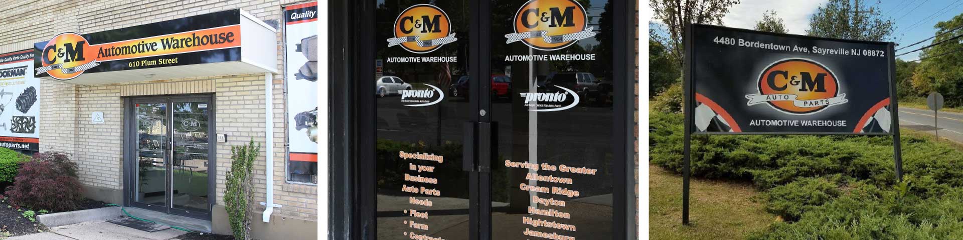 Four C&M Auto Parts – Trenton location entrance, Windsor location glass door entrance, Sayerville Wholesale Warehouse location outdoor signage and auto parts warehouse on Ginesi Drive in Freehold features colorful signage.