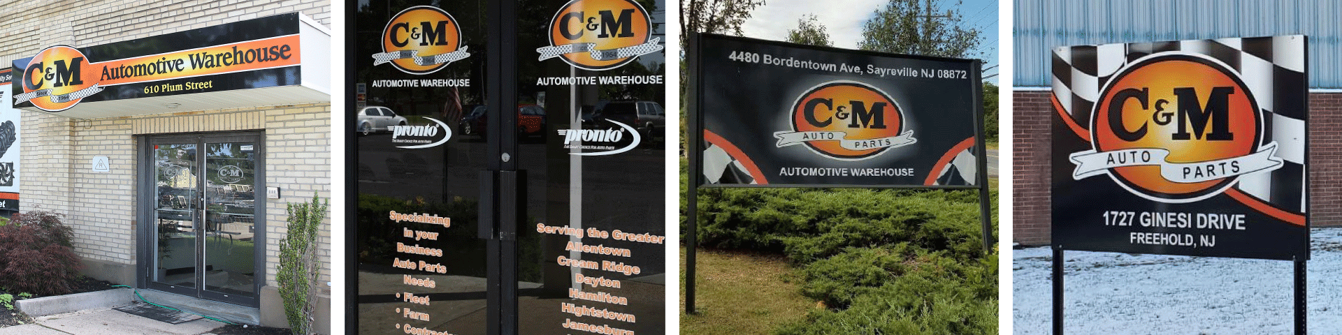 Four C&M Auto Parts – Trenton location entrance, Windsor location glass door entrance, Sayerville Wholesale Warehouse location outdoor signage and auto parts warehouse on Ginesi Drive in Freehold features colorful signage.