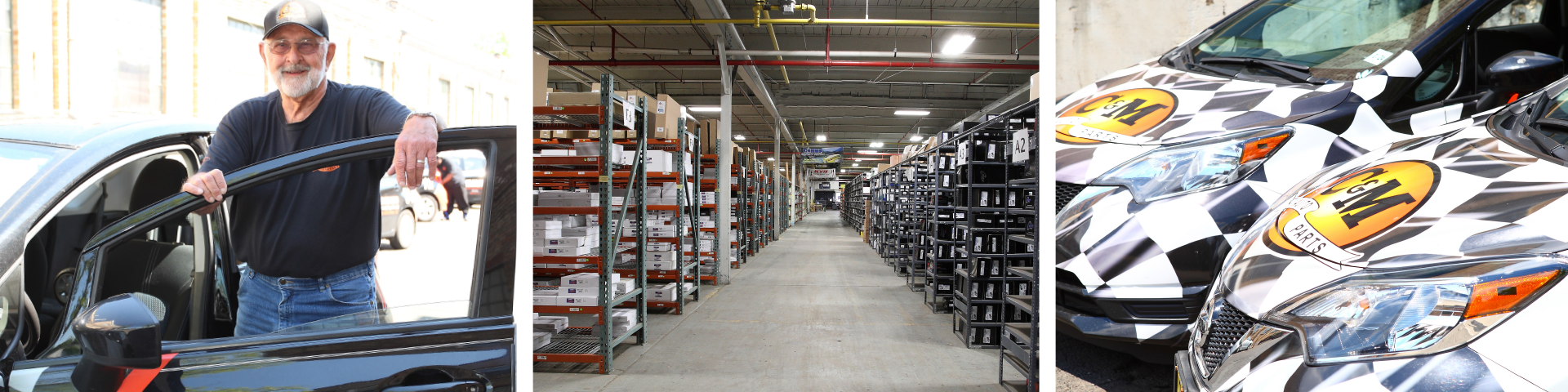 A male C&M Auto Parts delivery driver, large auto parts warehouse stocked floor to ceiling and C&M Auto Parts fleet of delivery vehicles.
